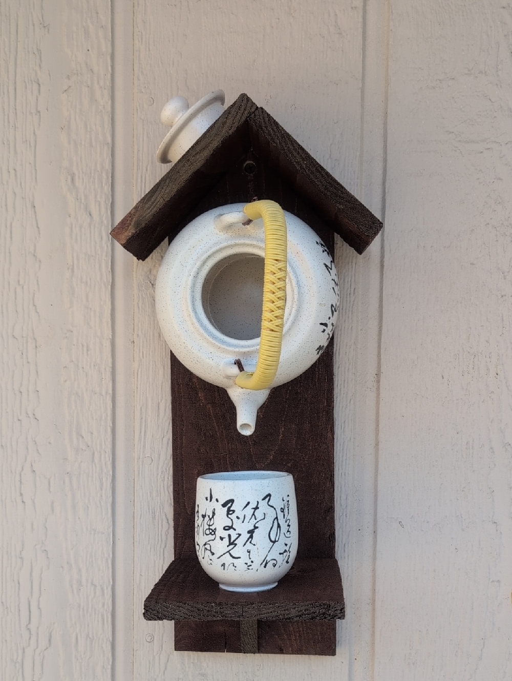 Rustic Wooden Handmade Bird Feeder Teapot Tea For All